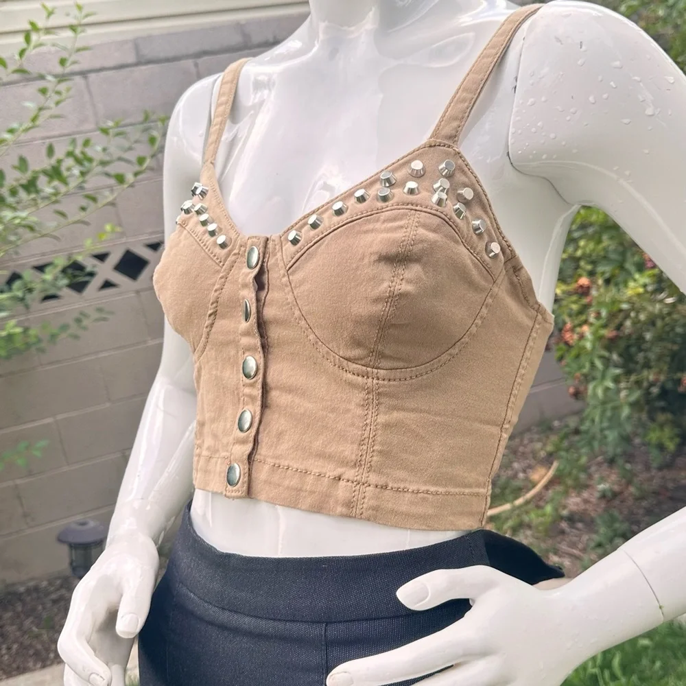 Studded Tan Button-Up Tank Top - Picture 3 of 7